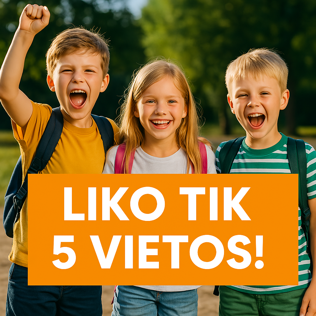 Būreliai vasaros stovyklos reklama – liko tik 5 vietos! Vaikai džiaugiasi ir aktyviai dalyvauja veikloje.