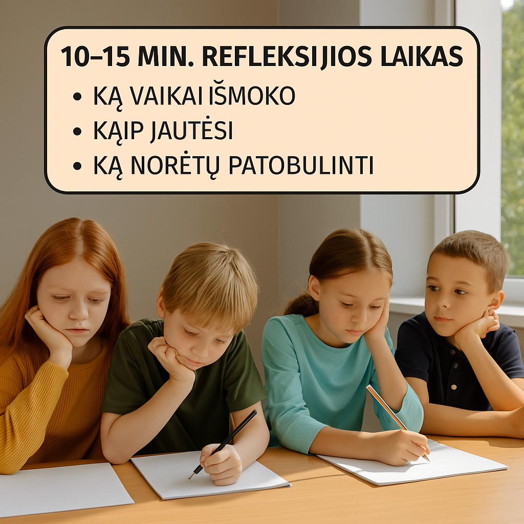 Būreliai – vaikų refleksija po veiklos: kaip jautėsi, ką išmoko ir ką norėtų patobulinti.